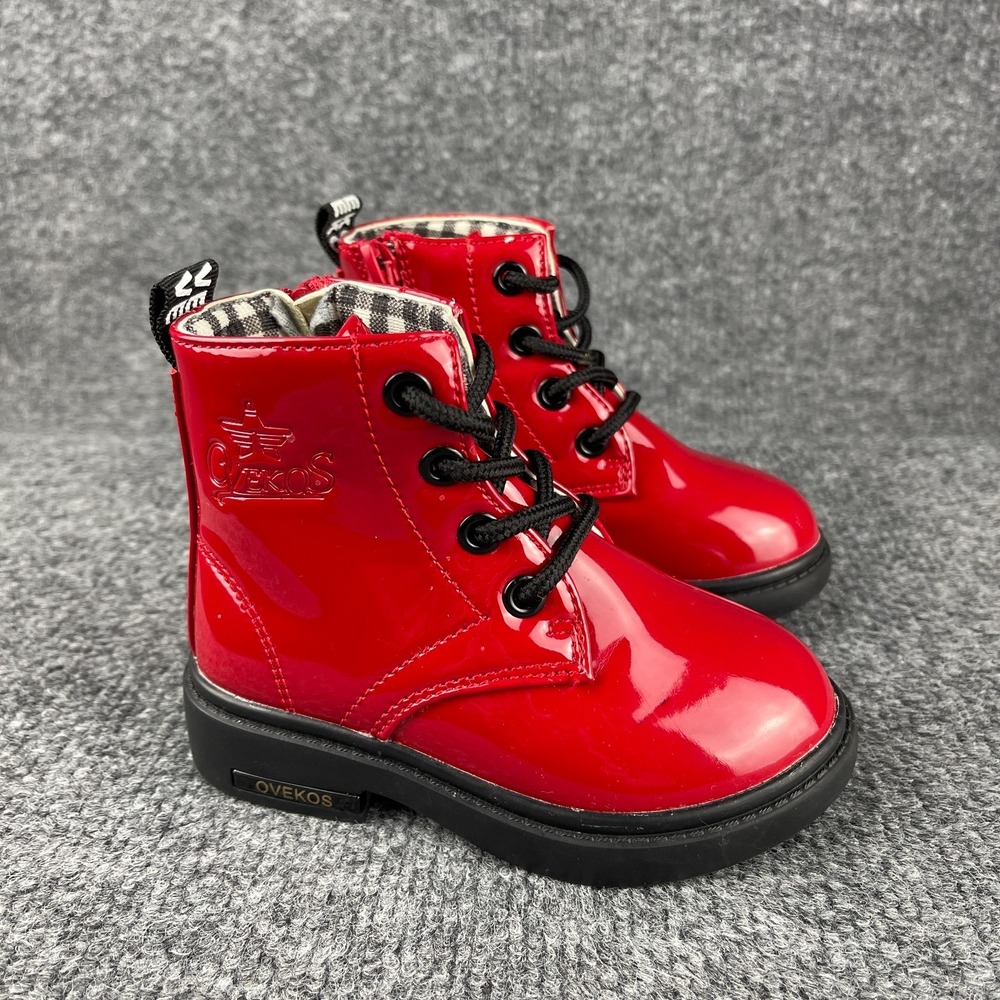 Ovekos Toddler Girls Ankle Boots Size EU 22 (US 6) Red Patent Gingham Lined
